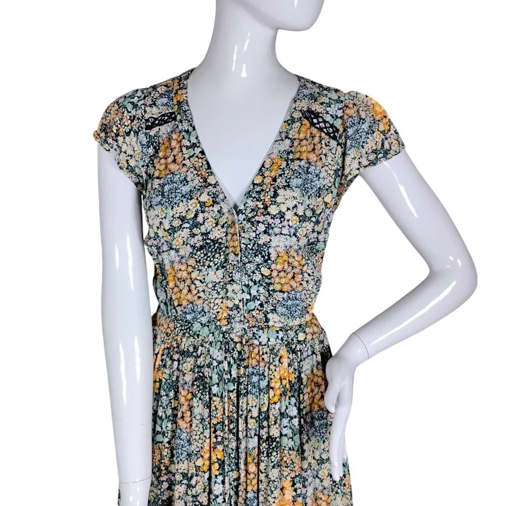 American Eagle Bohemian Dress Size XS Floral Maxi Length Short Sleeve Pullover - Picture 2 of 8